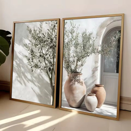 2pcs Tree Vase Wall Art Poster Mediterranean Plant Landscape Art Countryside Simple Scenery Decoration Frameless